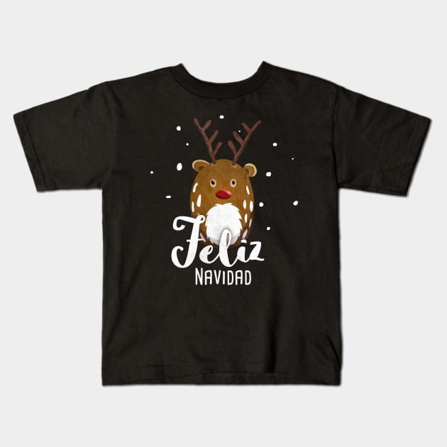 Feliz Navidad Merry Christmas With Reindeer Rudolph Kids T-Shirt by Bumblebeast